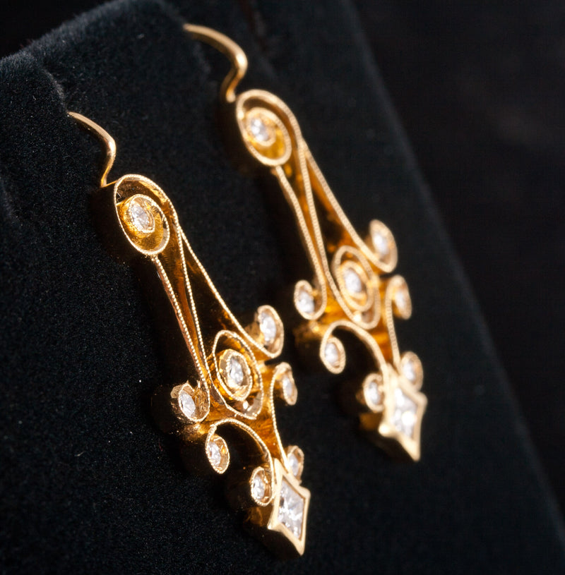 20k Yellow Gold Princess Round Diamond Milgrain Dangle Earrings .62ctw 6.08g