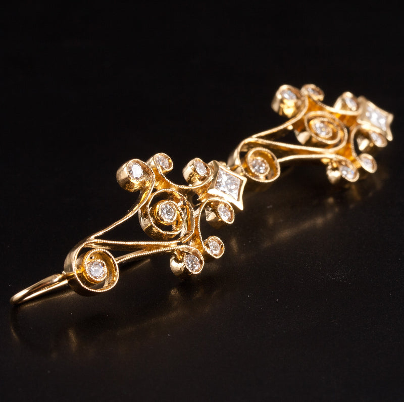 20k Yellow Gold Princess Round Diamond Milgrain Dangle Earrings .62ctw 6.08g