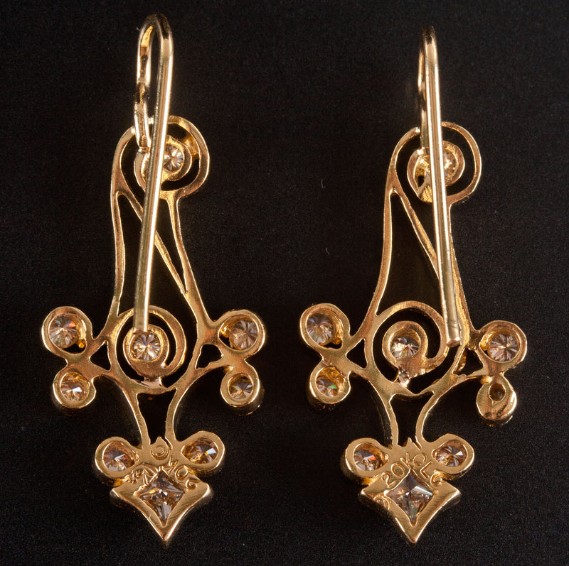 20k Yellow Gold Princess Round Diamond Milgrain Dangle Earrings .62ctw 6.08g