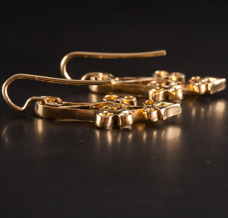 20k Yellow Gold Princess Round Diamond Milgrain Dangle Earrings .62ctw 6.08g