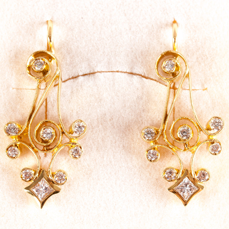 20k Yellow Gold Princess Round Diamond Milgrain Dangle Earrings .62ctw 6.08g