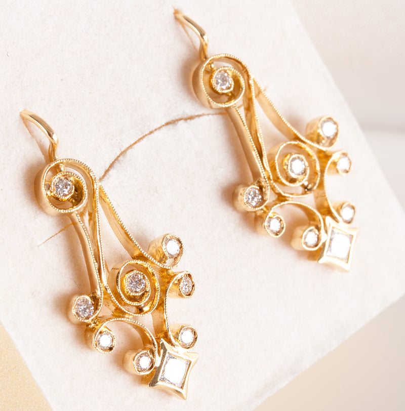 20k Yellow Gold Princess Round Diamond Milgrain Dangle Earrings .62ctw 6.08g