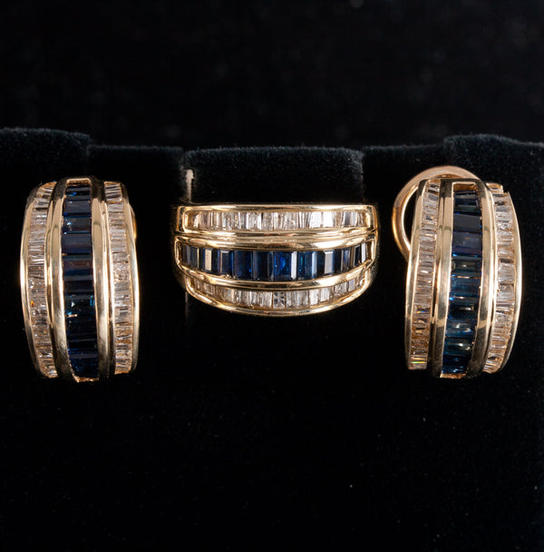 14k Yellow Gold Sapphire Diamond Channel Set Ring Earring Set 2.25ctw 17.9g