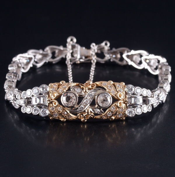 Vintage 1910's Platinum 17k Yellow Gold Diamond Floral Style Bracelet 2.38ctw