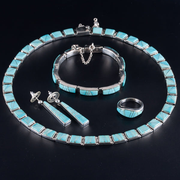Calvin Begay Sterling Silver Inlay Turquoise Necklace Bracelet Ring Earring Set