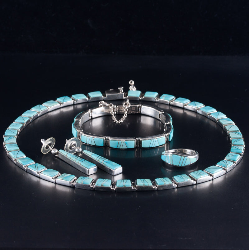 Calvin Begay Sterling Silver Inlay Turquoise Necklace Bracelet Ring Earring Set