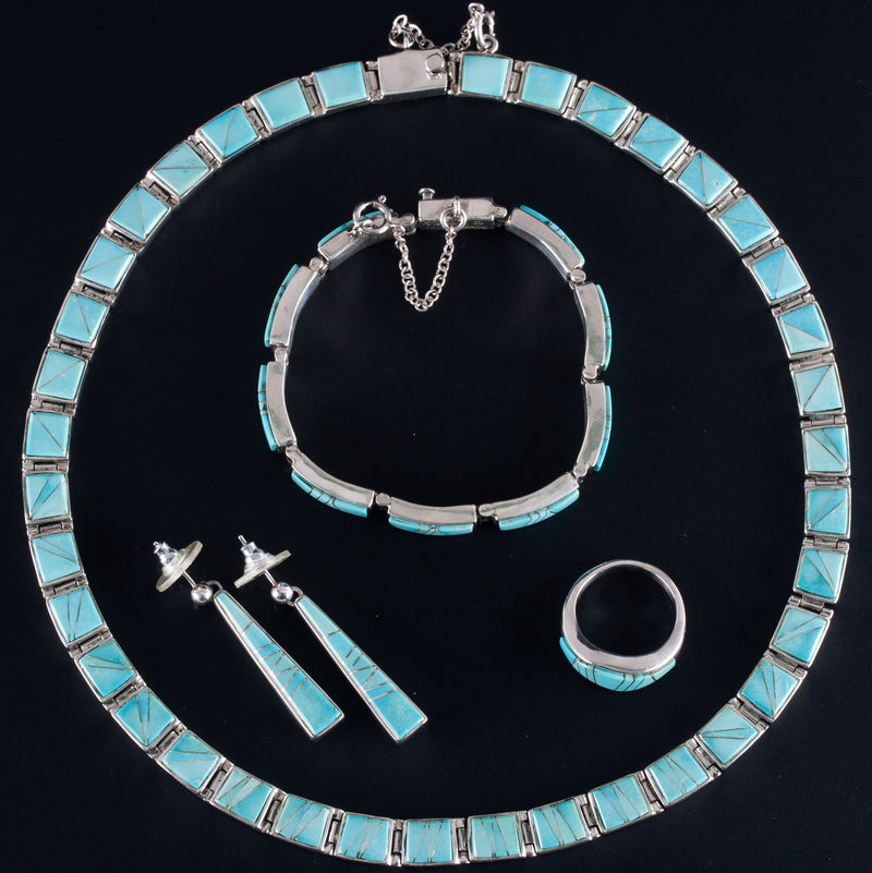 Calvin Begay Sterling Silver Inlay Turquoise Necklace Bracelet Ring Earring Set