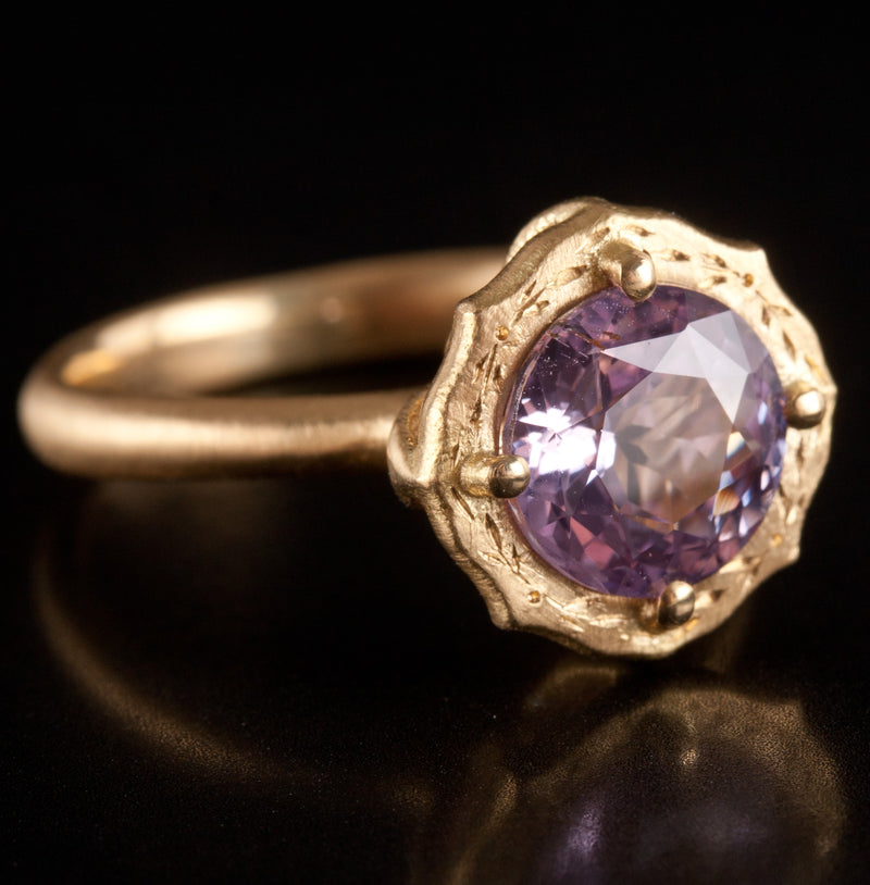 18k Yellow Gold Pink AA Sapphire Solitaire Brush Finish Ring 2.10ct 4.51g