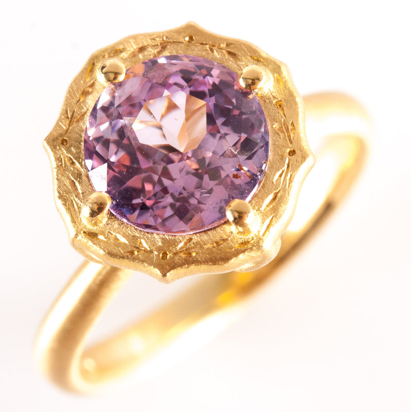 18k Yellow Gold Pink AA Sapphire Solitaire Brush Finish Ring 2.10ct 4.51g