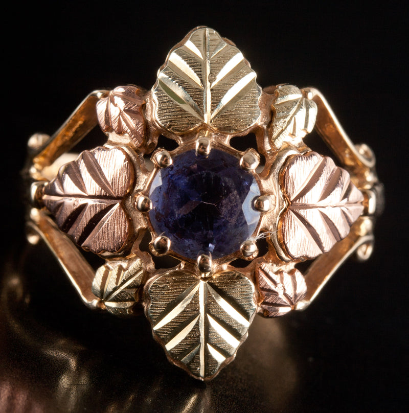 10k Black Hills Gold Round Tanzanite Solitaire Floral Leaf Style Ring .88ct