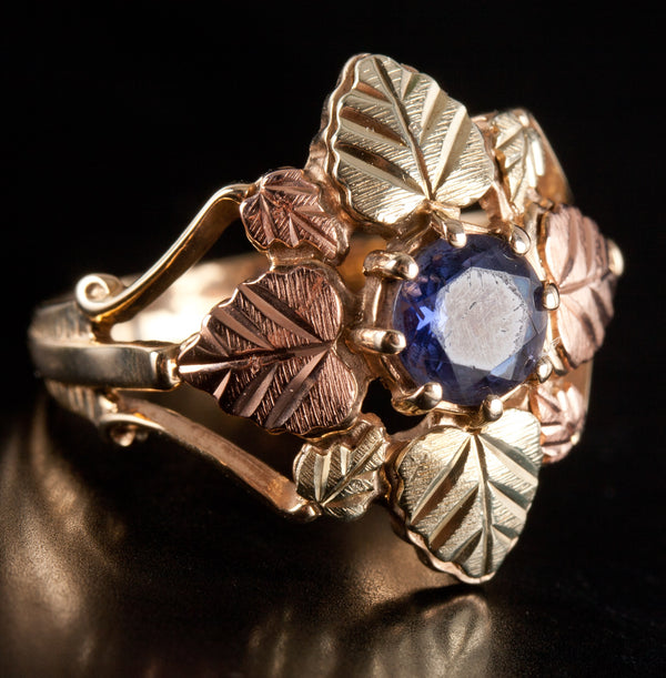 10k Black Hills Gold Round Tanzanite Solitaire Floral Leaf Style Ring .88ct