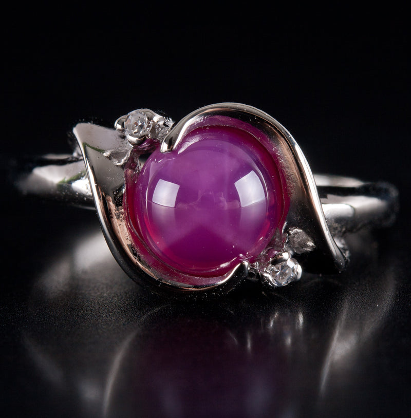 14k White Gold Round Cabochon Lab-Created Star Ruby Diamond Ring 1.51ctw 3.05g