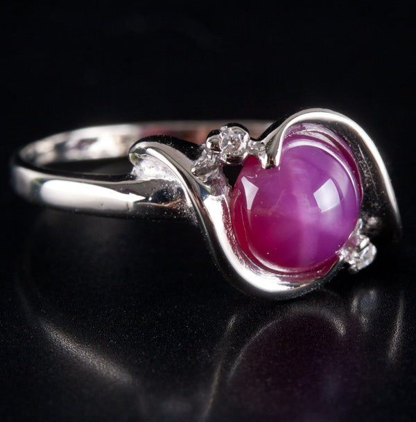 14k White Gold Round Cabochon Lab-Created Star Ruby Diamond Ring 1.51ctw 3.05g