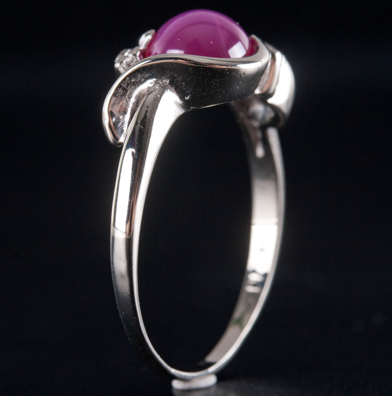 14k White Gold Round Cabochon Lab-Created Star Ruby Diamond Ring 1.51ctw 3.05g