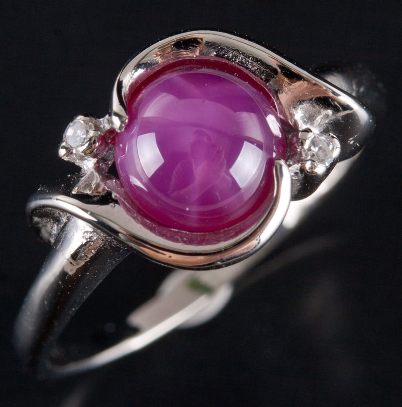 14k White Gold Round Cabochon Lab-Created Star Ruby Diamond Ring 1.51ctw 3.05g