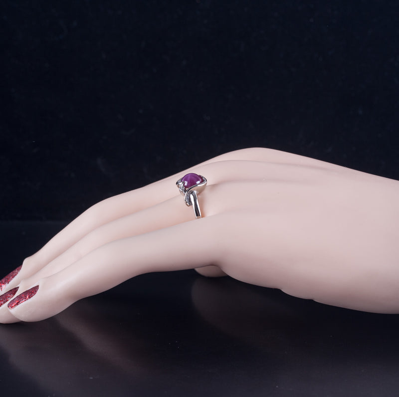 14k White Gold Round Cabochon Lab-Created Star Ruby Diamond Ring 1.51ctw 3.05g