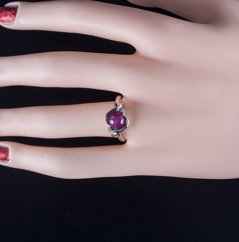 14k White Gold Round Cabochon Lab-Created Star Ruby Diamond Ring 1.51ctw 3.05g