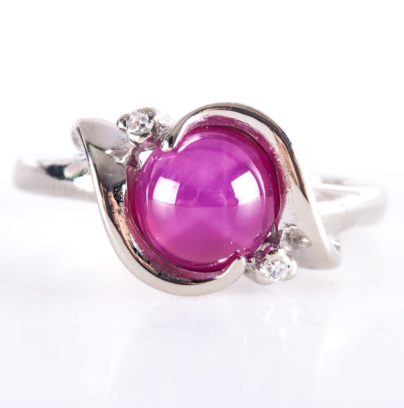 14k White Gold Round Cabochon Lab-Created Star Ruby Diamond Ring 1.51ctw 3.05g