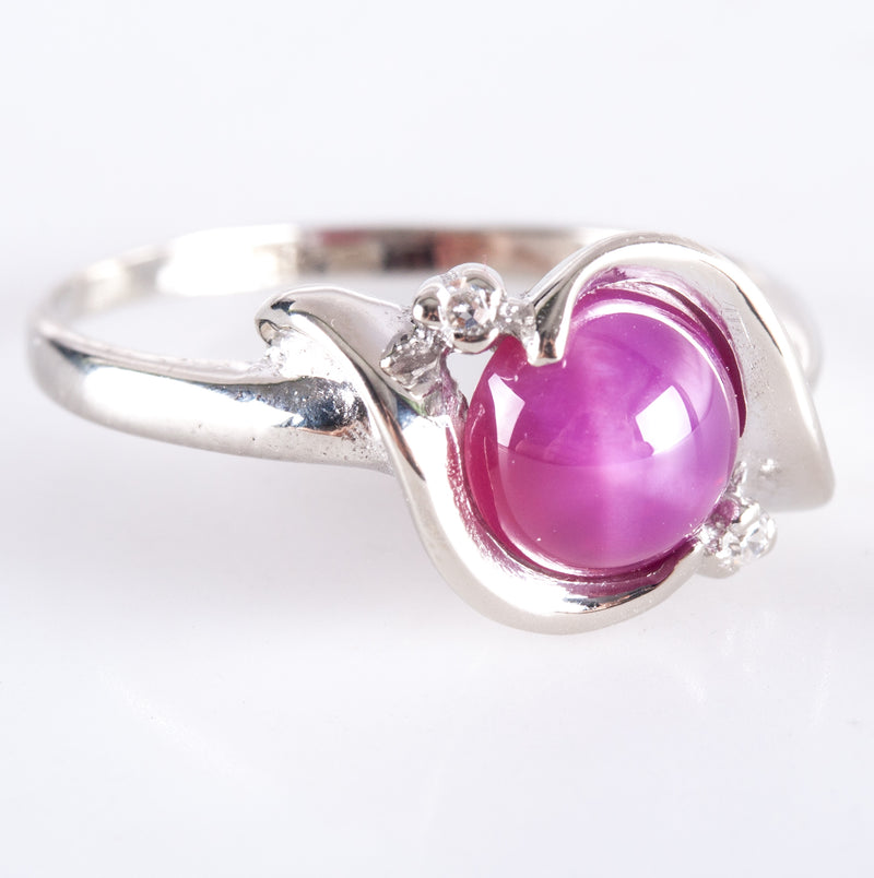 14k White Gold Round Cabochon Lab-Created Star Ruby Diamond Ring 1.51ctw 3.05g