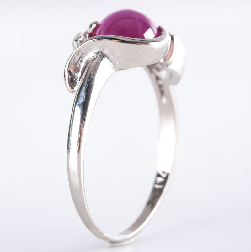 14k White Gold Round Cabochon Lab-Created Star Ruby Diamond Ring 1.51ctw 3.05g