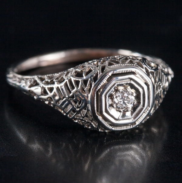 Vintage 1920s 18k White Gold Old Euro Diamond Filigree Engagement Ring .06ct