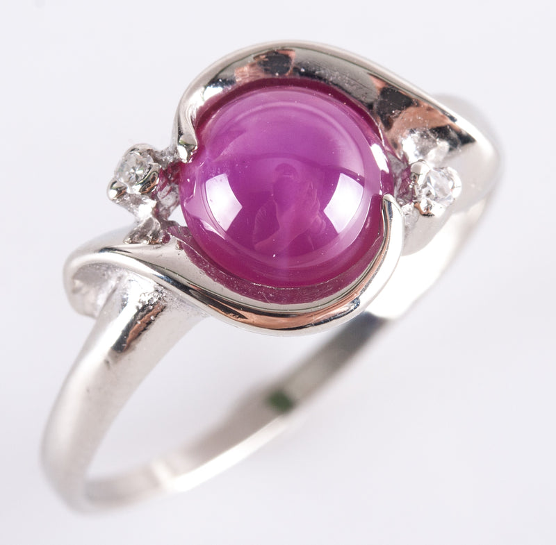 14k White Gold Round Cabochon Lab-Created Star Ruby Diamond Ring 1.51ctw 3.05g