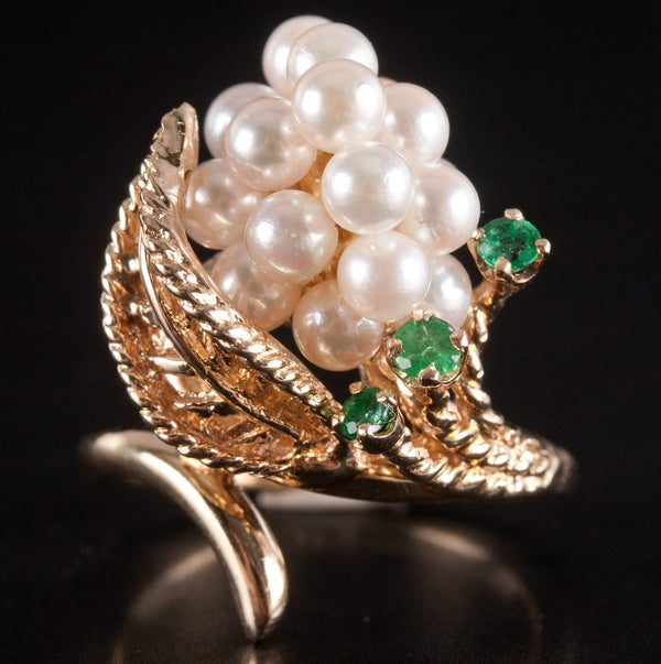 14k Yellow Gold Round Bead Pearl Emerald Cocktail Style Ring .17ctw 7.2g