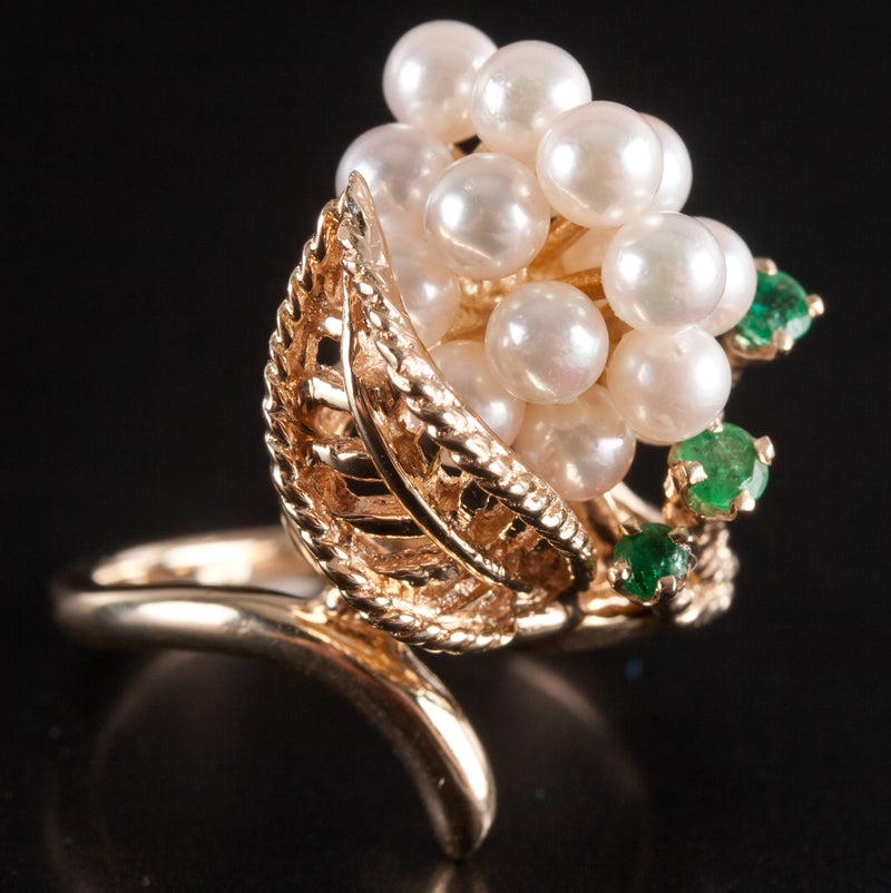 14k Yellow Gold Round Bead Pearl Emerald Cocktail Style Ring .17ctw 7.2g