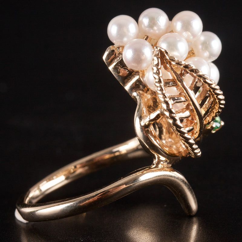 14k Yellow Gold Round Bead Pearl Emerald Cocktail Style Ring .17ctw 7.2g