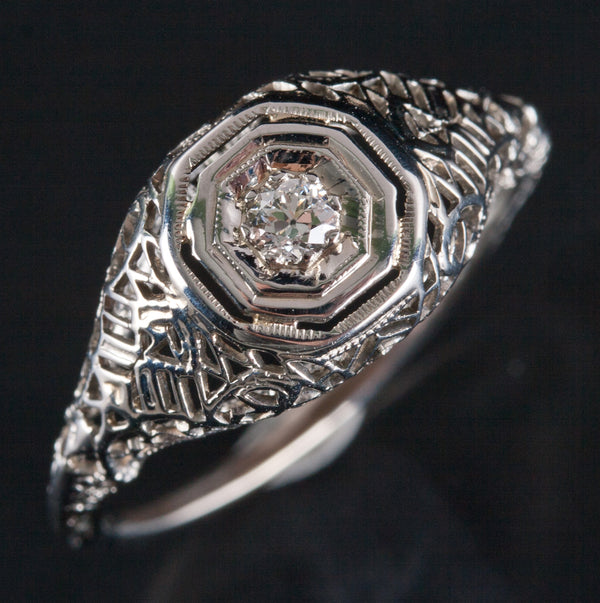 Vintage 1920s 18k White Gold Old Euro Diamond Filigree Engagement Ring .06ct