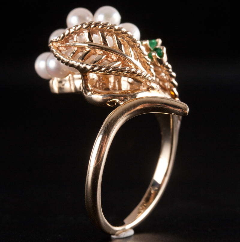 14k Yellow Gold Round Bead Pearl Emerald Cocktail Style Ring .17ctw 7.2g