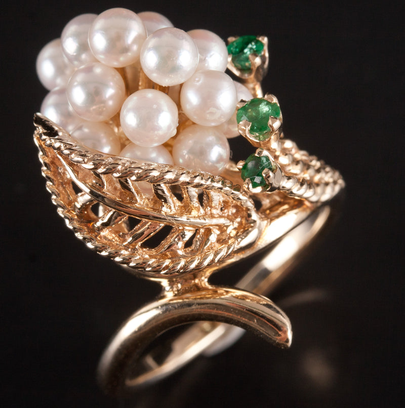 14k Yellow Gold Round Bead Pearl Emerald Cocktail Style Ring .17ctw 7.2g