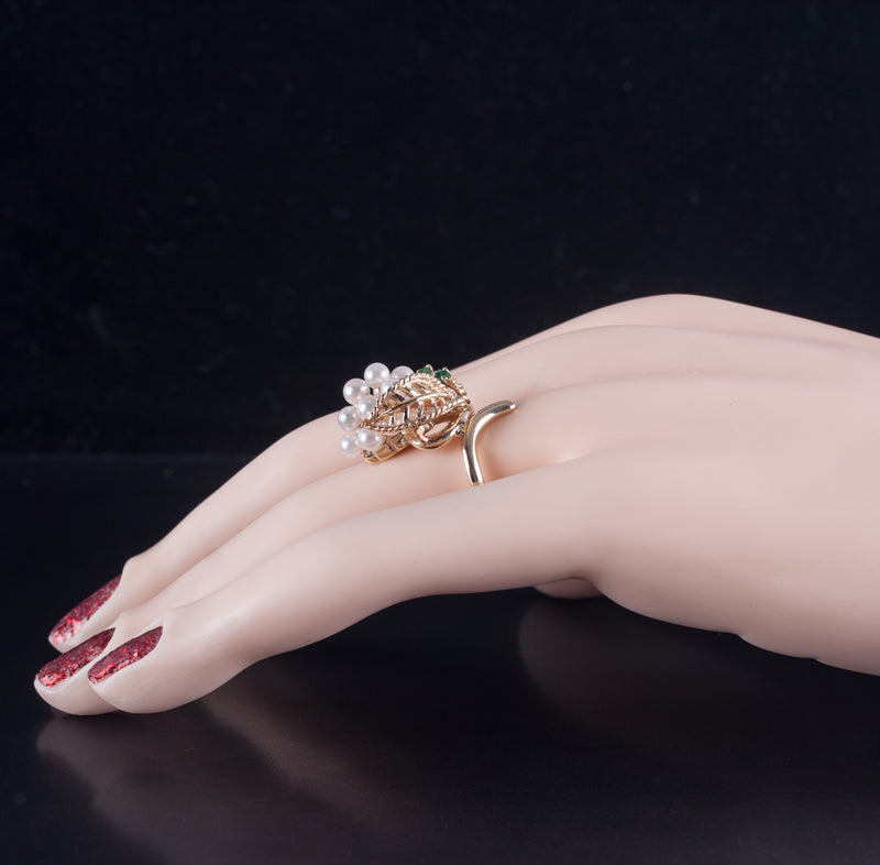14k Yellow Gold Round Bead Pearl Emerald Cocktail Style Ring .17ctw 7.2g