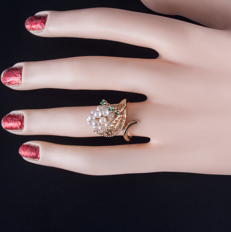 14k Yellow Gold Round Bead Pearl Emerald Cocktail Style Ring .17ctw 7.2g