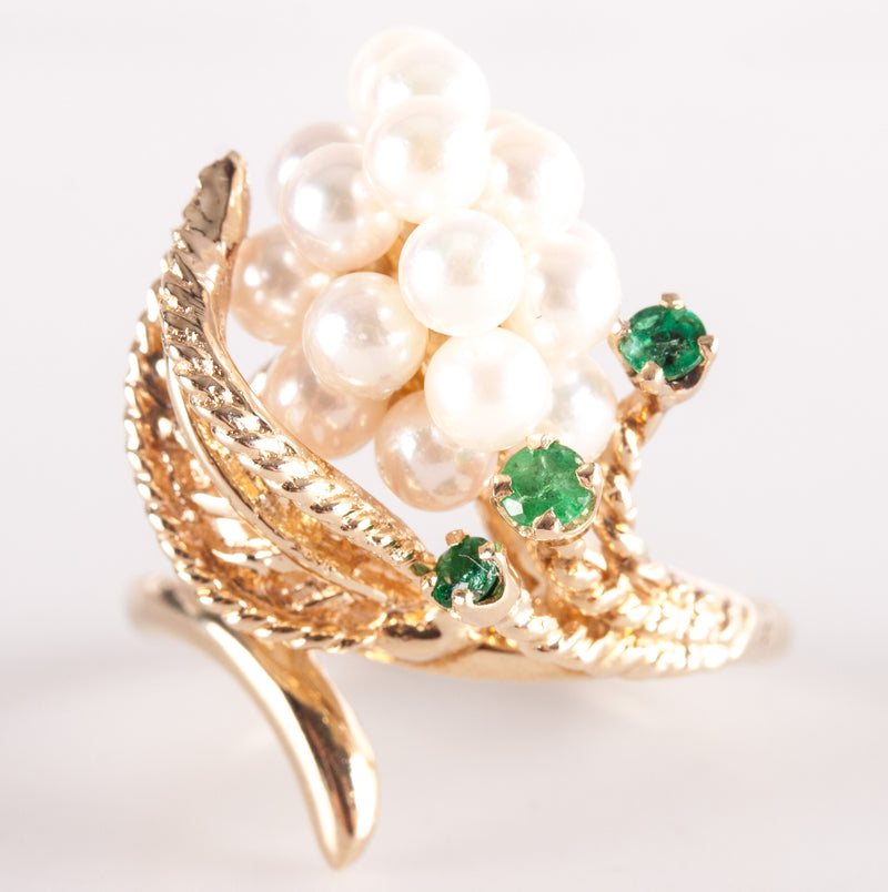 14k Yellow Gold Round Bead Pearl Emerald Cocktail Style Ring .17ctw 7.2g