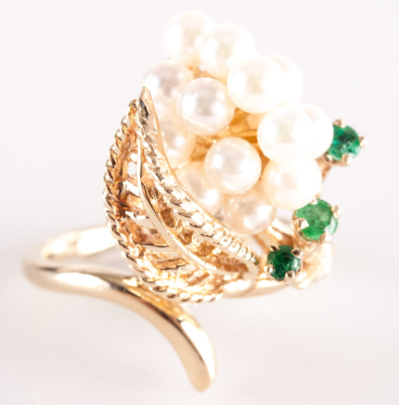 14k Yellow Gold Round Bead Pearl Emerald Cocktail Style Ring .17ctw 7.2g
