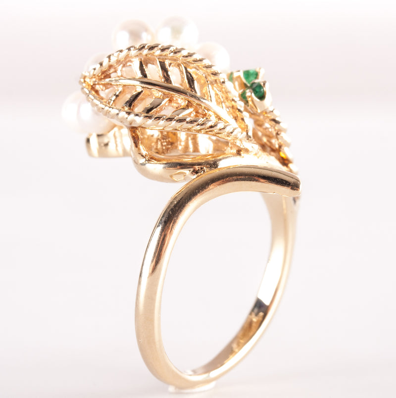 14k Yellow Gold Round Bead Pearl Emerald Cocktail Style Ring .17ctw 7.2g