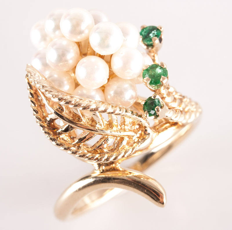 14k Yellow Gold Round Bead Pearl Emerald Cocktail Style Ring .17ctw 7.2g