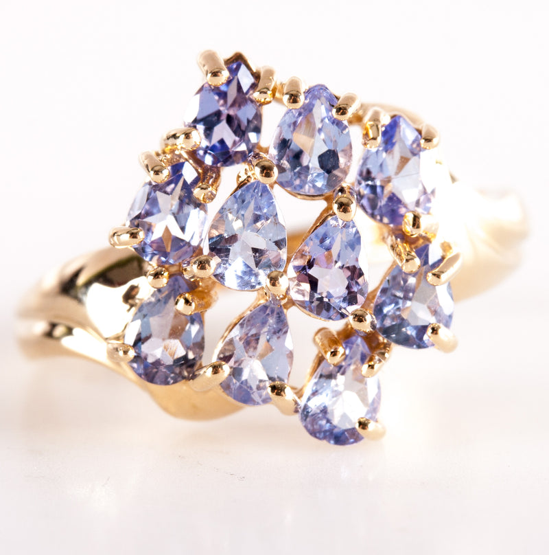 14k Yellow Gold Pear Tanzanite Cluster Style Ring 1.60ctw 3.85g