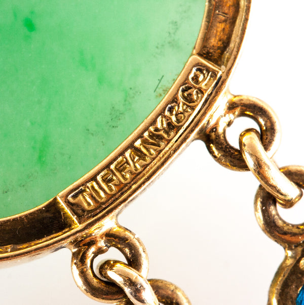 Tiffany & Co. Vintage 1920's 14k Yellow Gold Oval Cabochon Jade Enamel Necklace
