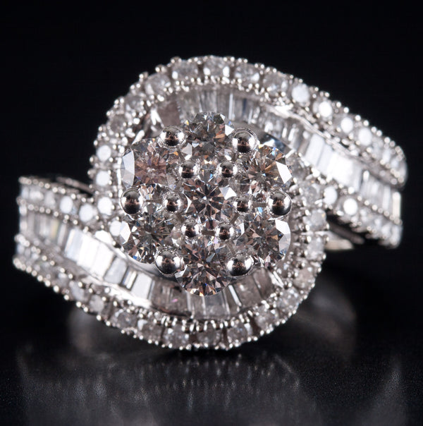 10k White Gold Round Baguette Diamond Cluster Cocktail Style Ring 1.98ctw 7.95g