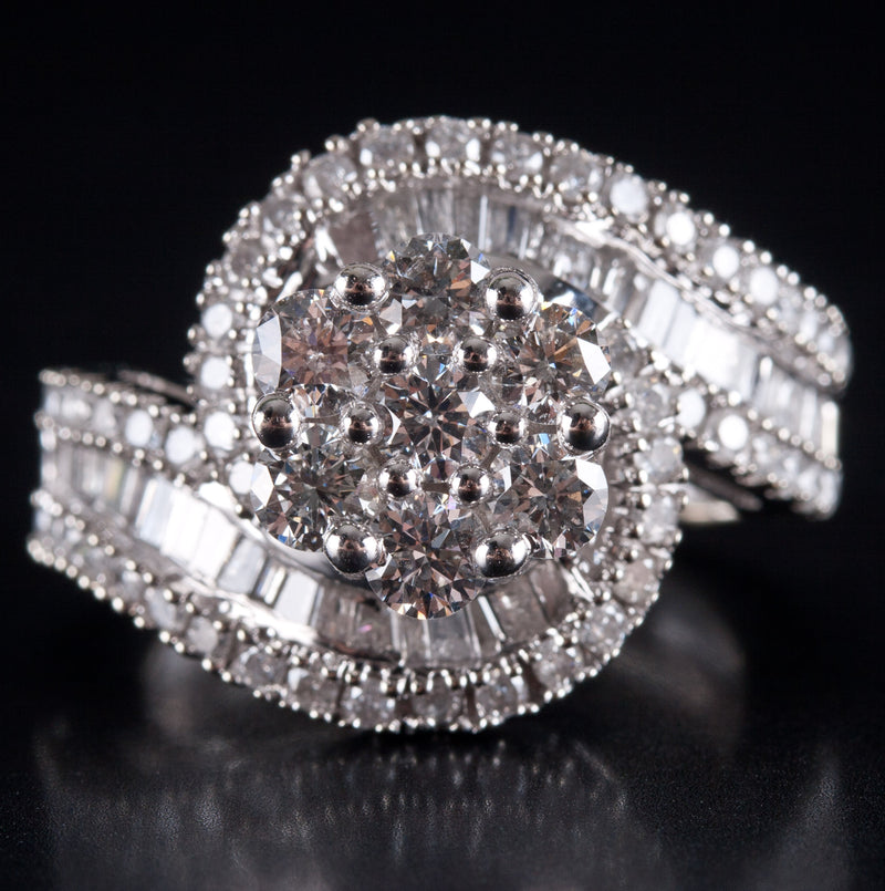 10k White Gold Round Baguette Diamond Cluster Cocktail Style Ring 1.98ctw 7.95g