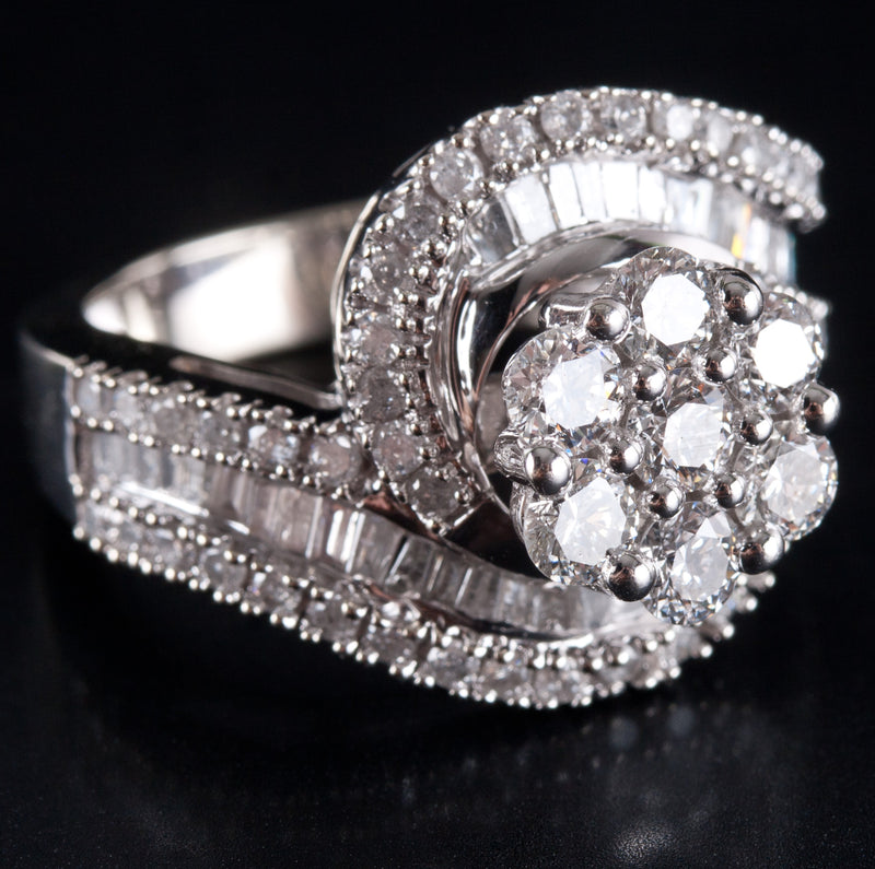 10k White Gold Round Baguette Diamond Cluster Cocktail Style Ring 1.98ctw 7.95g