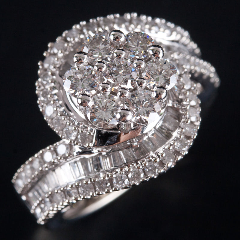 10k White Gold Round Baguette Diamond Cluster Cocktail Style Ring 1.98ctw 7.95g