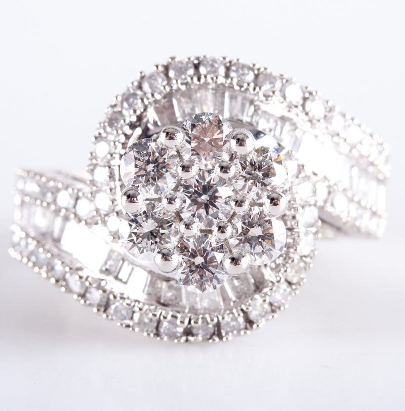 10k White Gold Round Baguette Diamond Cluster Cocktail Style Ring 1.98ctw 7.95g