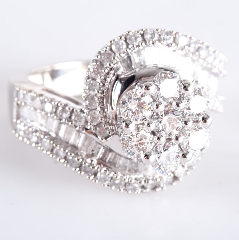 10k White Gold Round Baguette Diamond Cluster Cocktail Style Ring 1.98ctw 7.95g