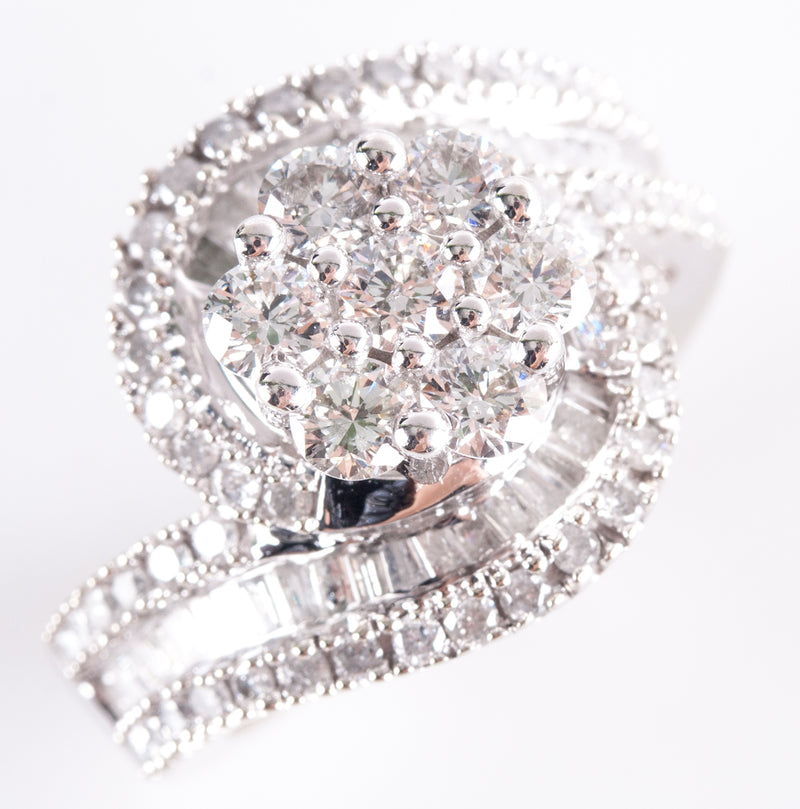 10k White Gold Round Baguette Diamond Cluster Cocktail Style Ring 1.98ctw 7.95g