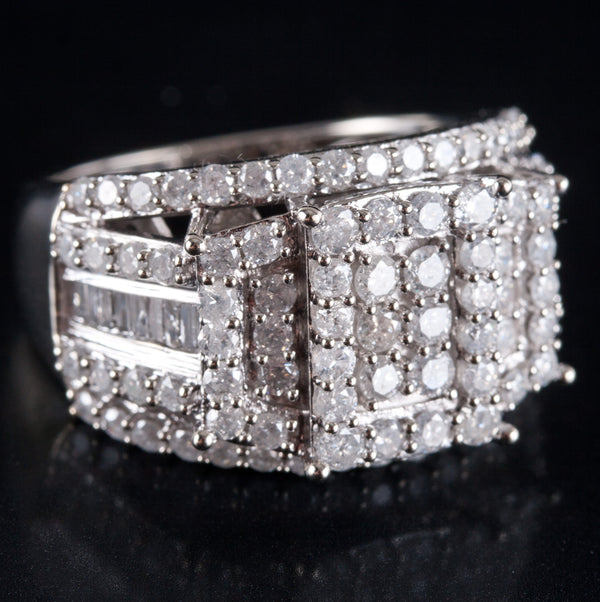 10k White Gold Round Baguette Diamond Cluster Cocktail Style Ring 1.39ctw 7.32g