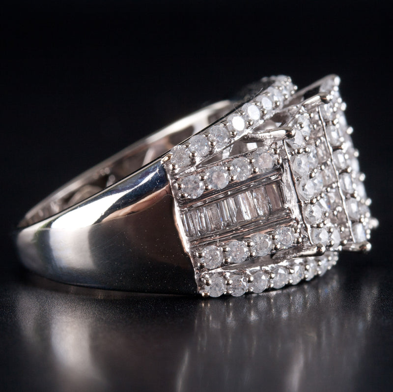 10k White Gold Round Baguette Diamond Cluster Cocktail Style Ring 1.39ctw 7.32g