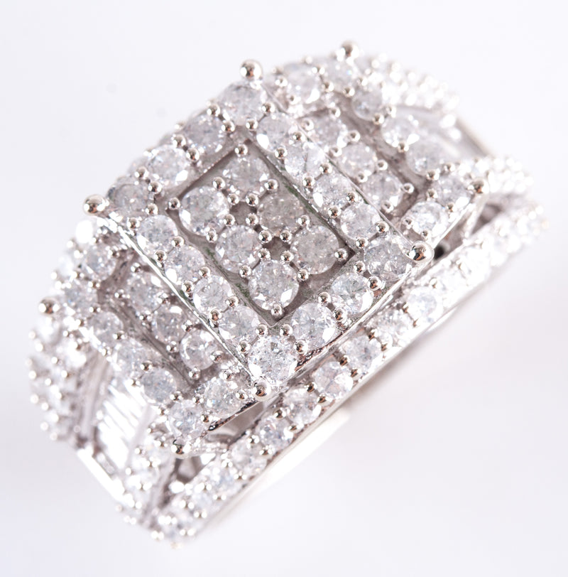10k White Gold Round Baguette Diamond Cluster Cocktail Style Ring 1.39ctw 7.32g